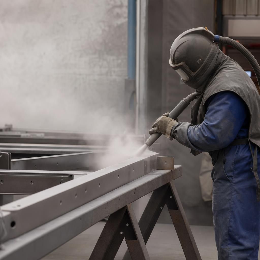 Technician operating industrial sandblasting machinery