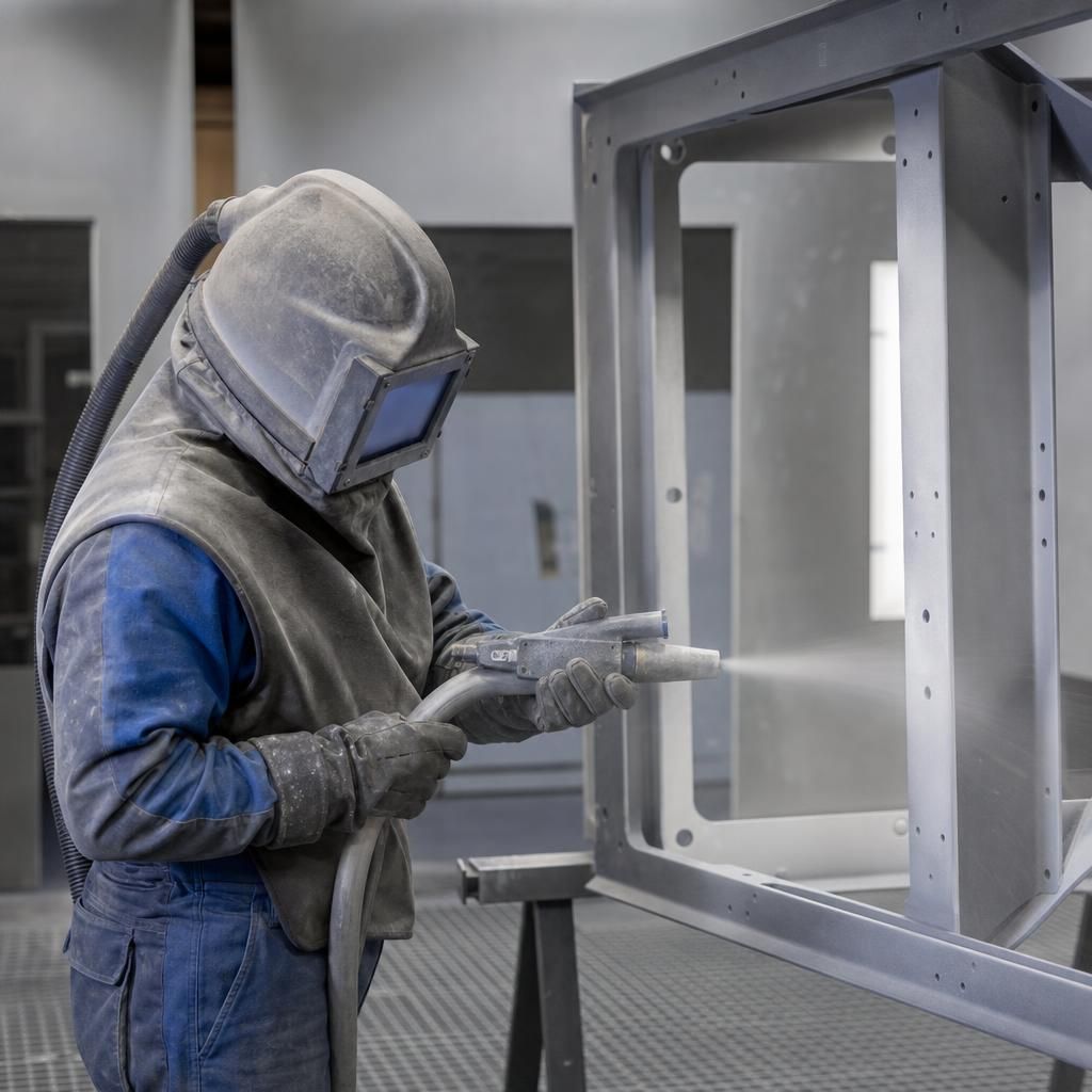 Close-up of clean metal surface after sandblasting