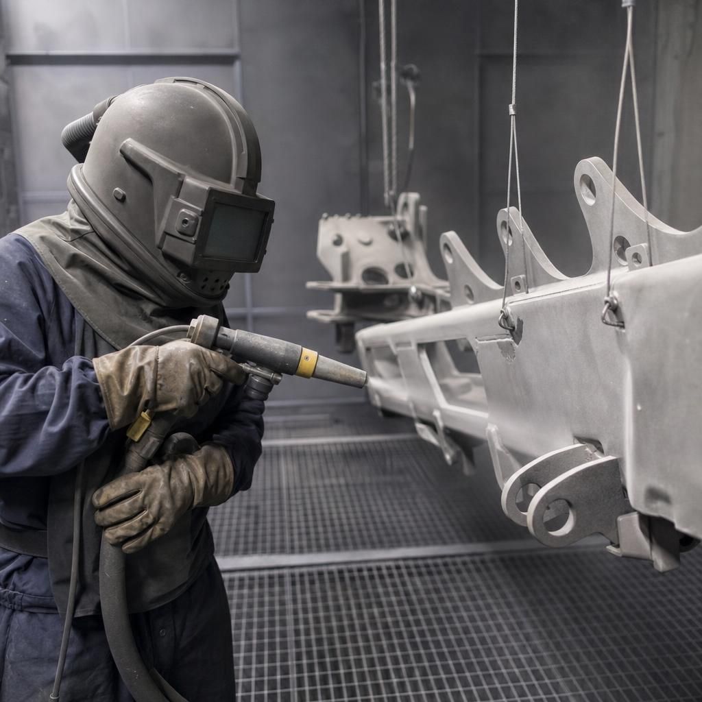 Sandblasting specialist inspecting equipment