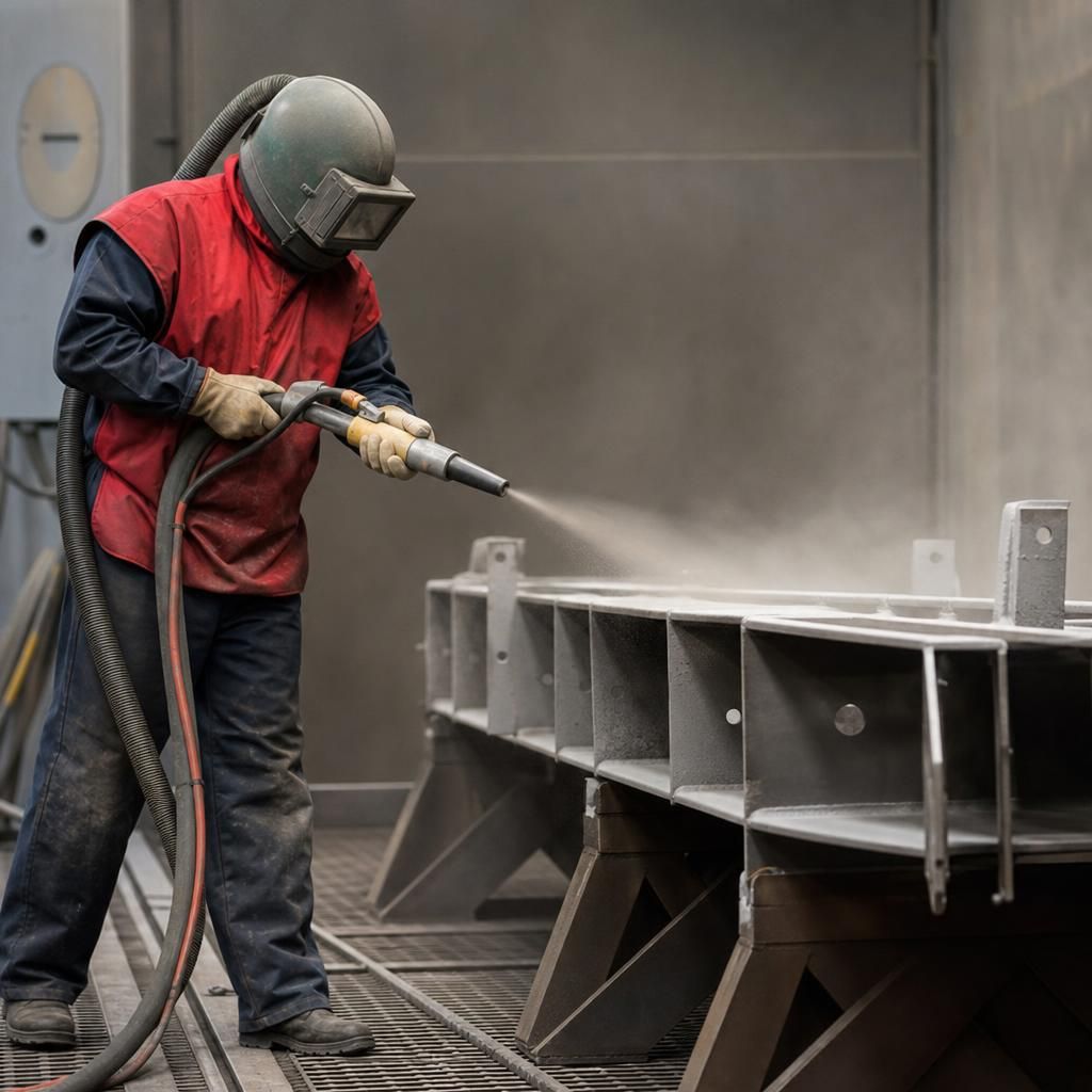 Large-scale metal component being sandblasted