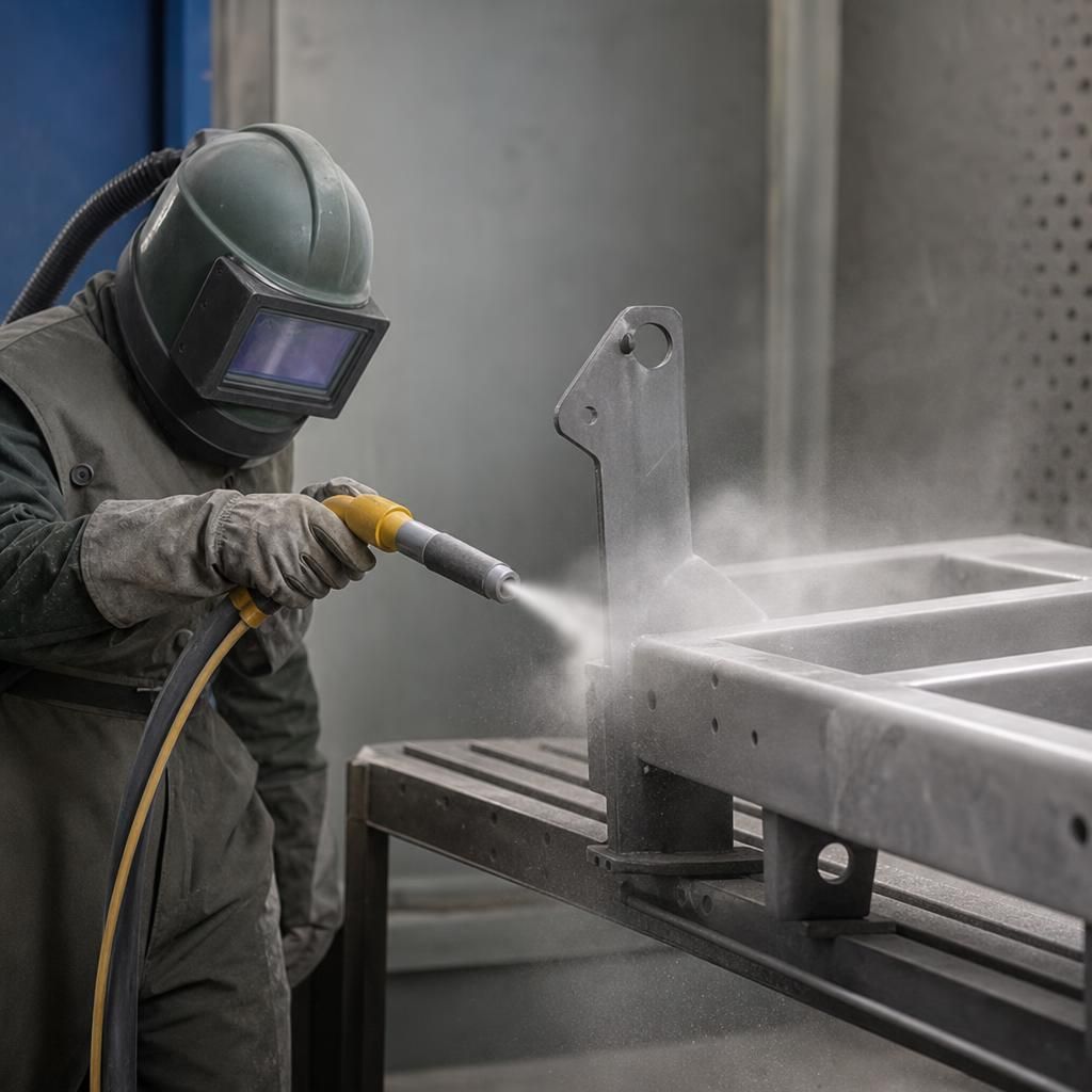 Sandblasting removing rust from metal