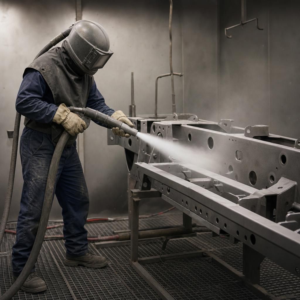 Advanced sandblasting equipment in use