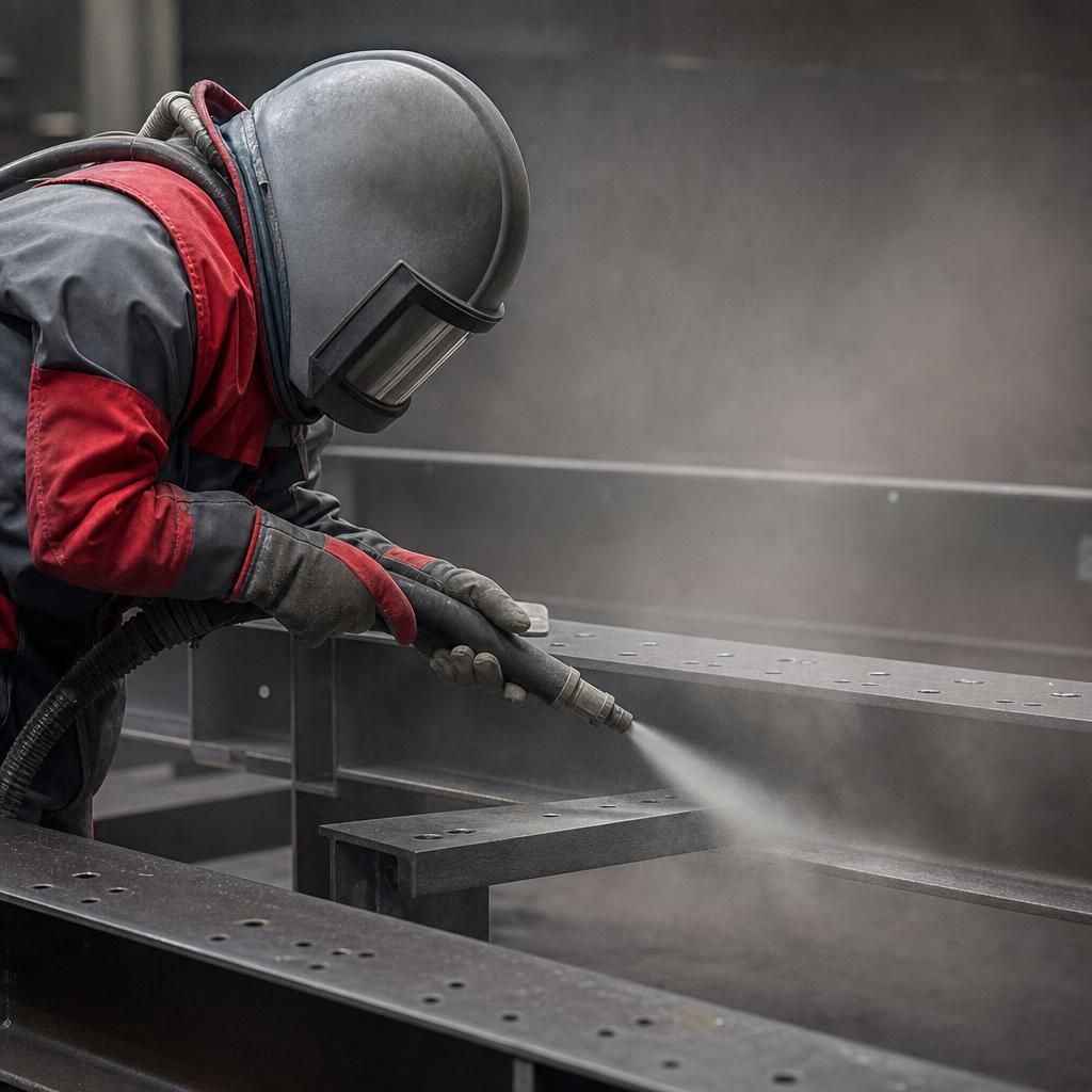 Technician adjusting sandblasting machine