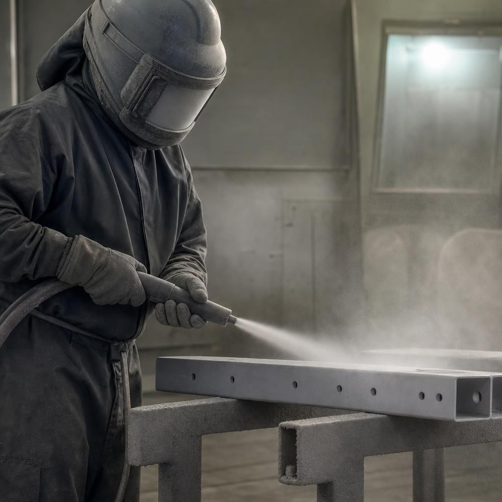 Sandblasting reaching intricate part of metal structure