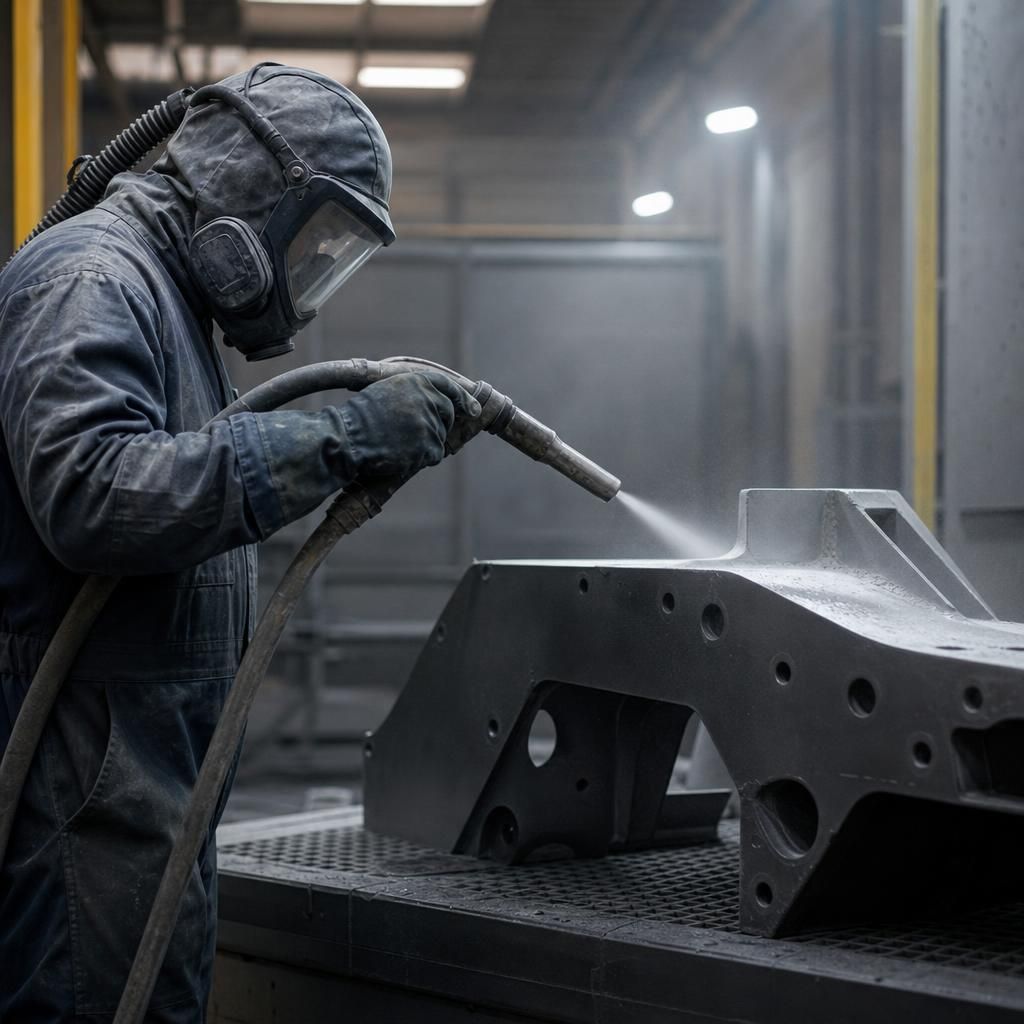 Industrial sandblasting in progress