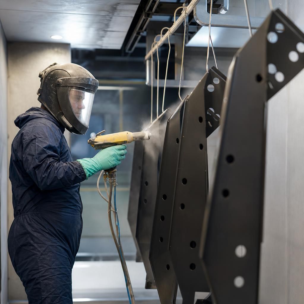 Specialist applying powder coating to metal work
