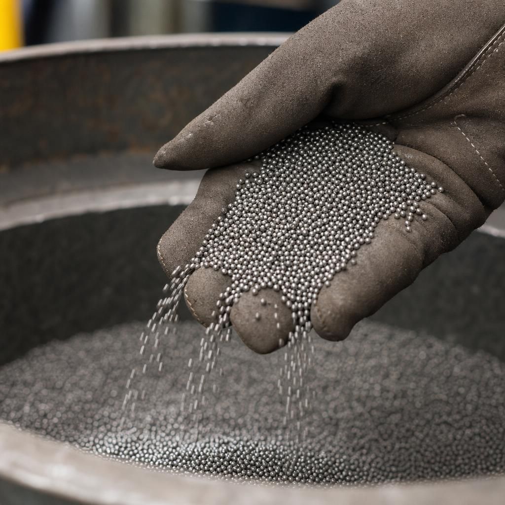 Stainless steel shot blasting a large metal part