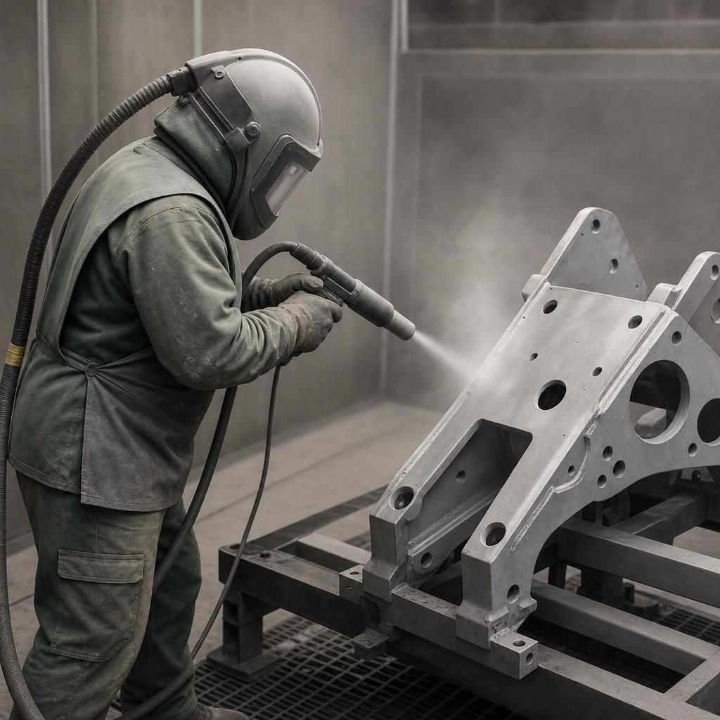 Expert technician performing sandblasting on a large metal component