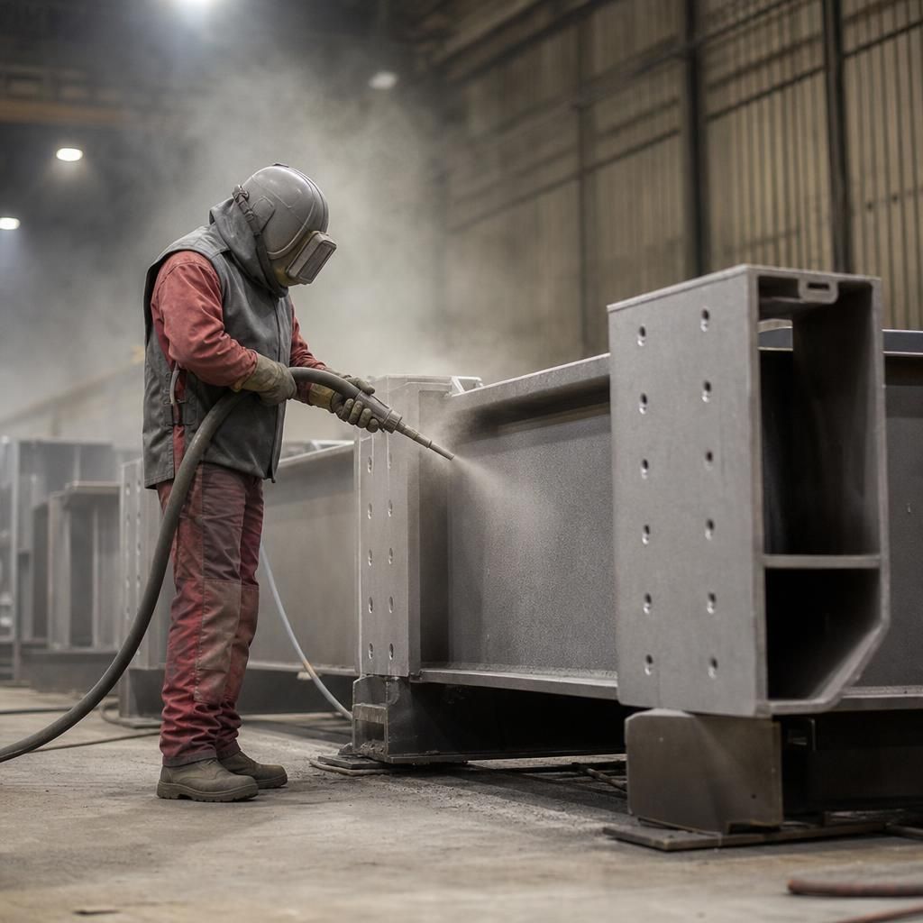 Technician adjusting sandblasting equipment settings