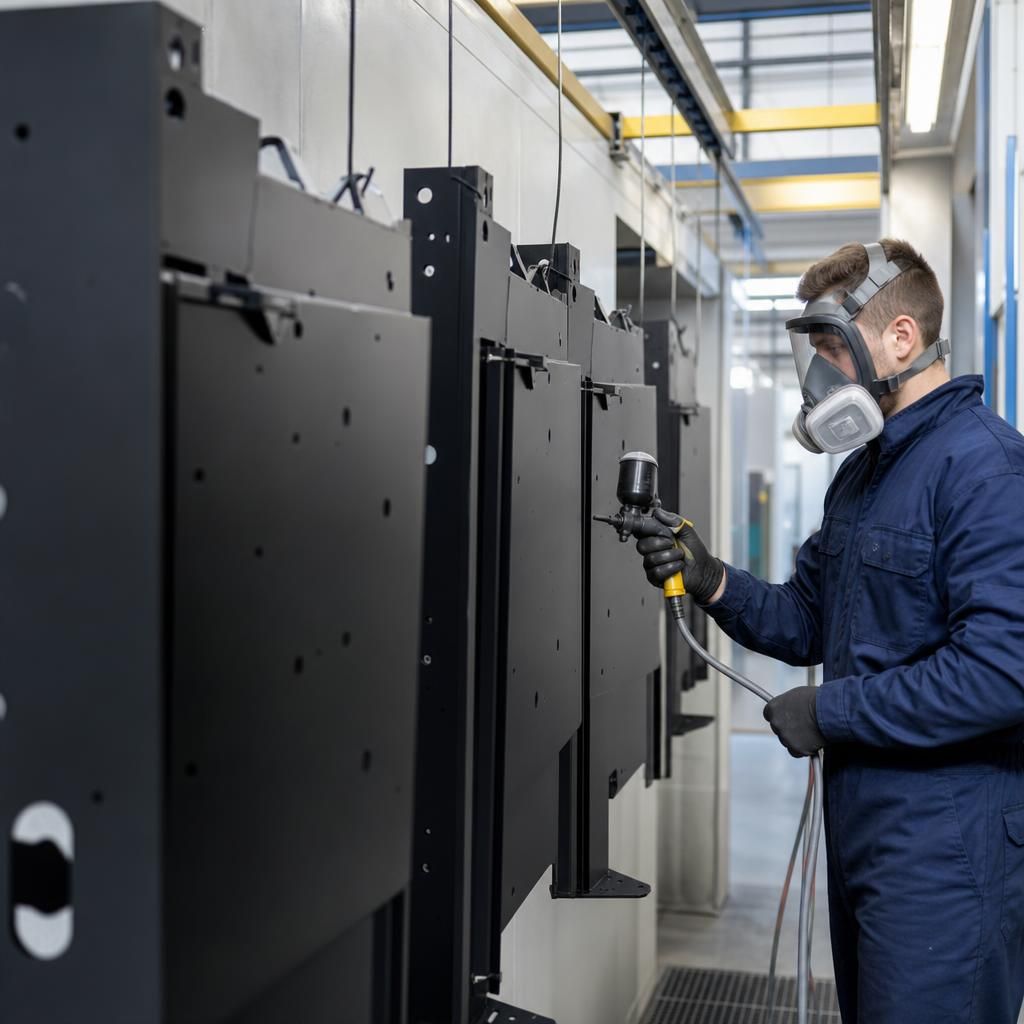 A technician inspecting a powder-coated frame