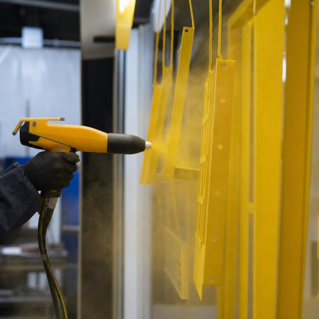 Metal component undergoing powder curing process
