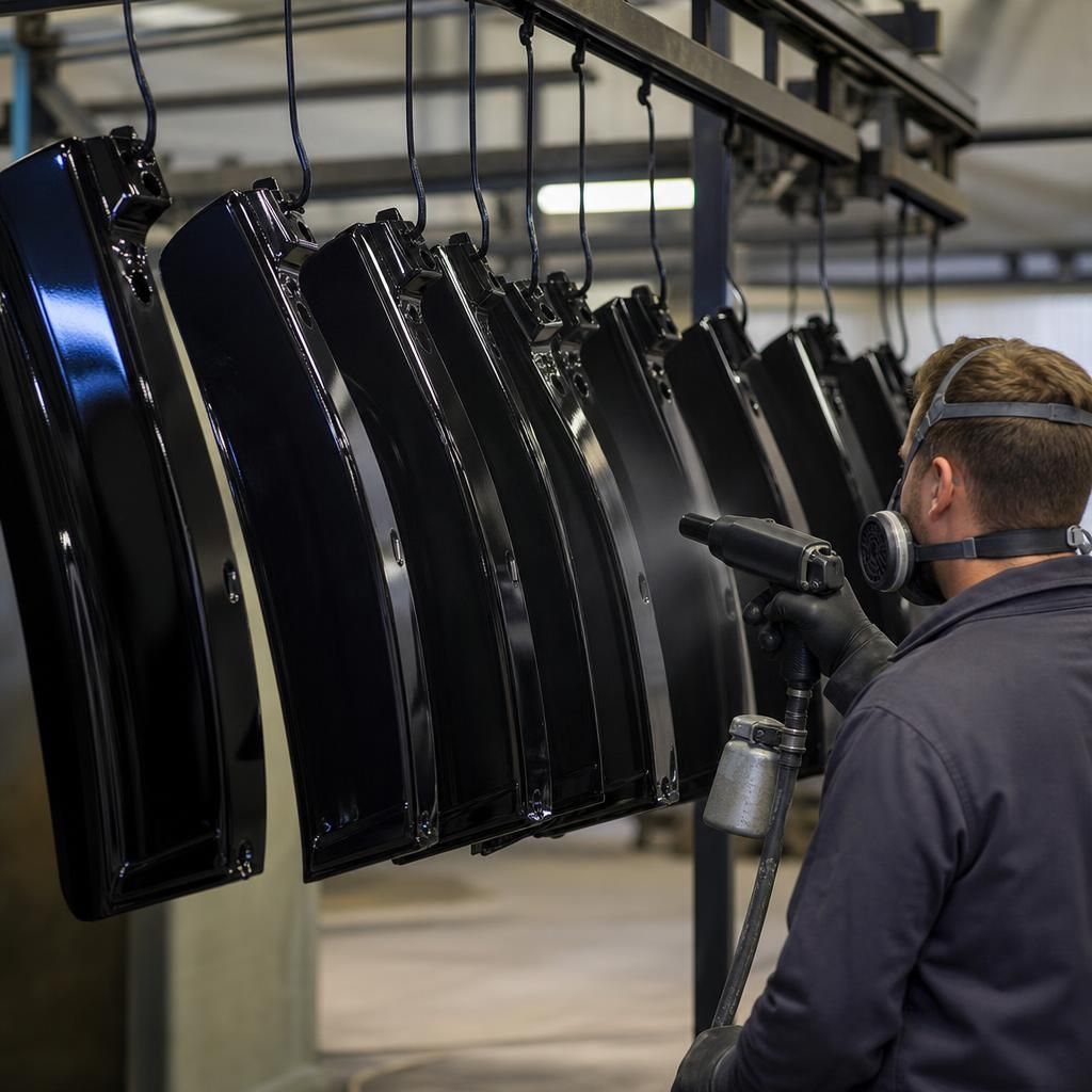 Shiny black powder-coated metal component