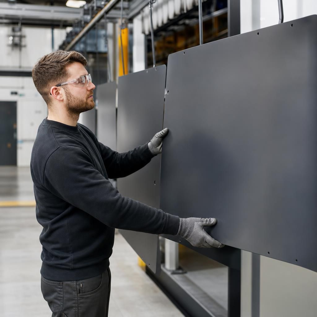 Electrostatic application of powder coating to steel sheet