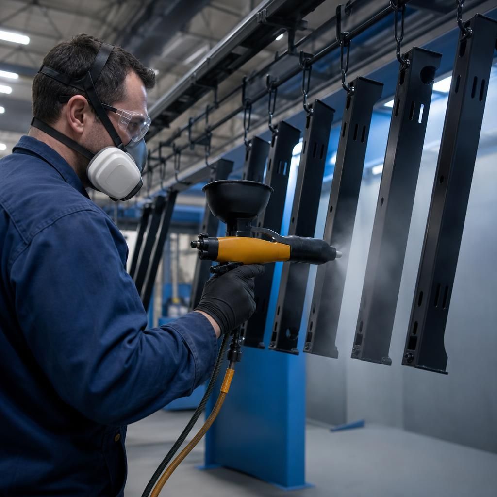 Large-scale powder coated metallic structures in construction