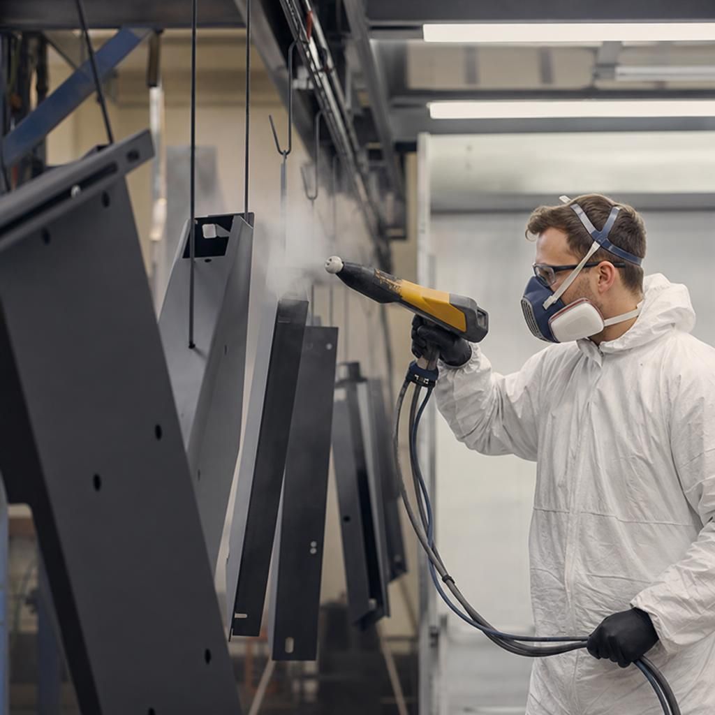 A worker applying powder coating to steel equipment