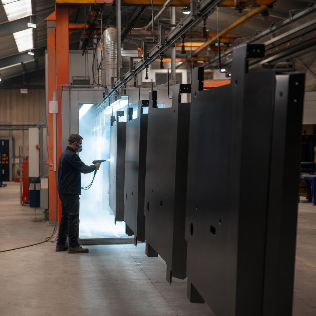 Team member inspecting a powder-coated metal piece