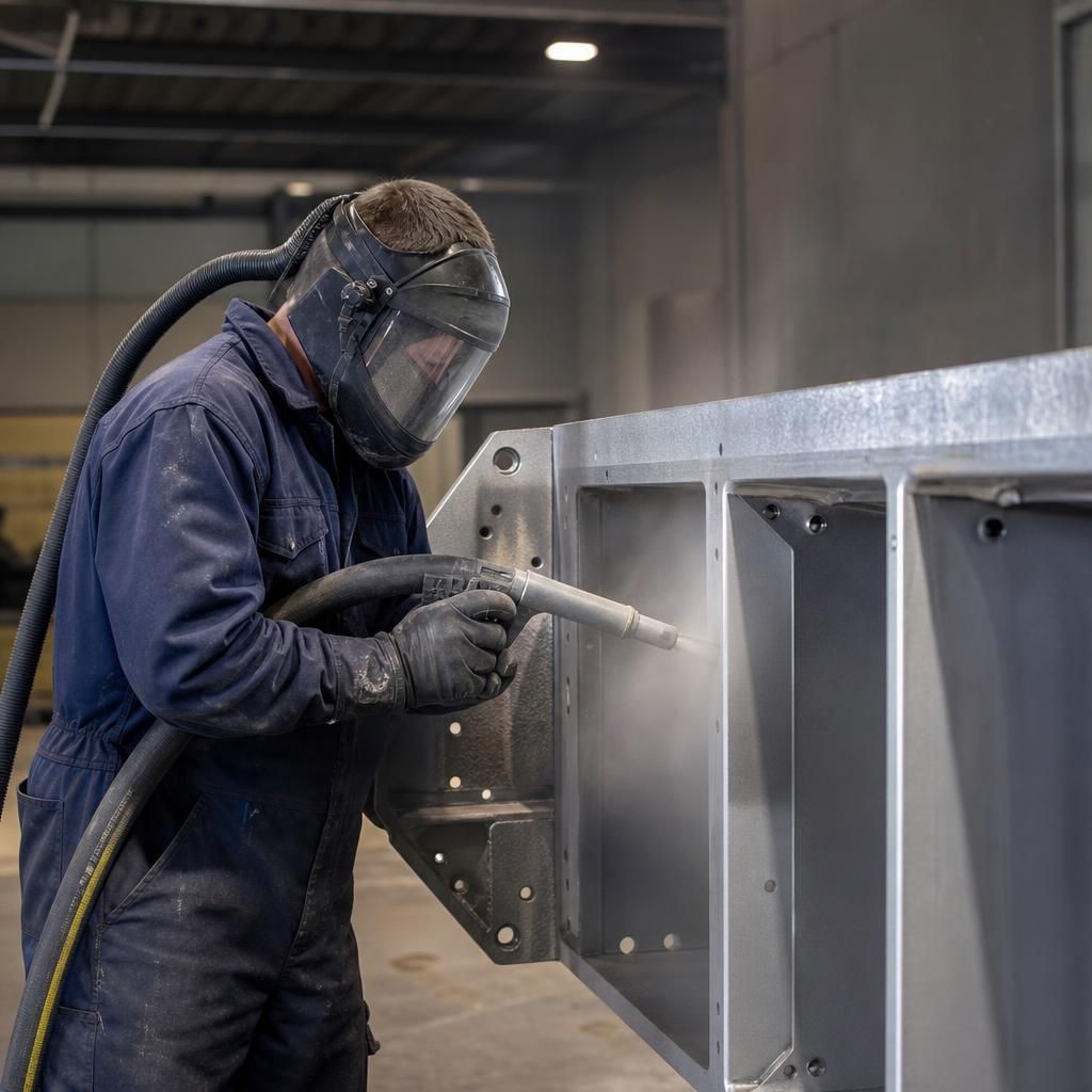 A sandblasting procedure in progress on a metal sheet