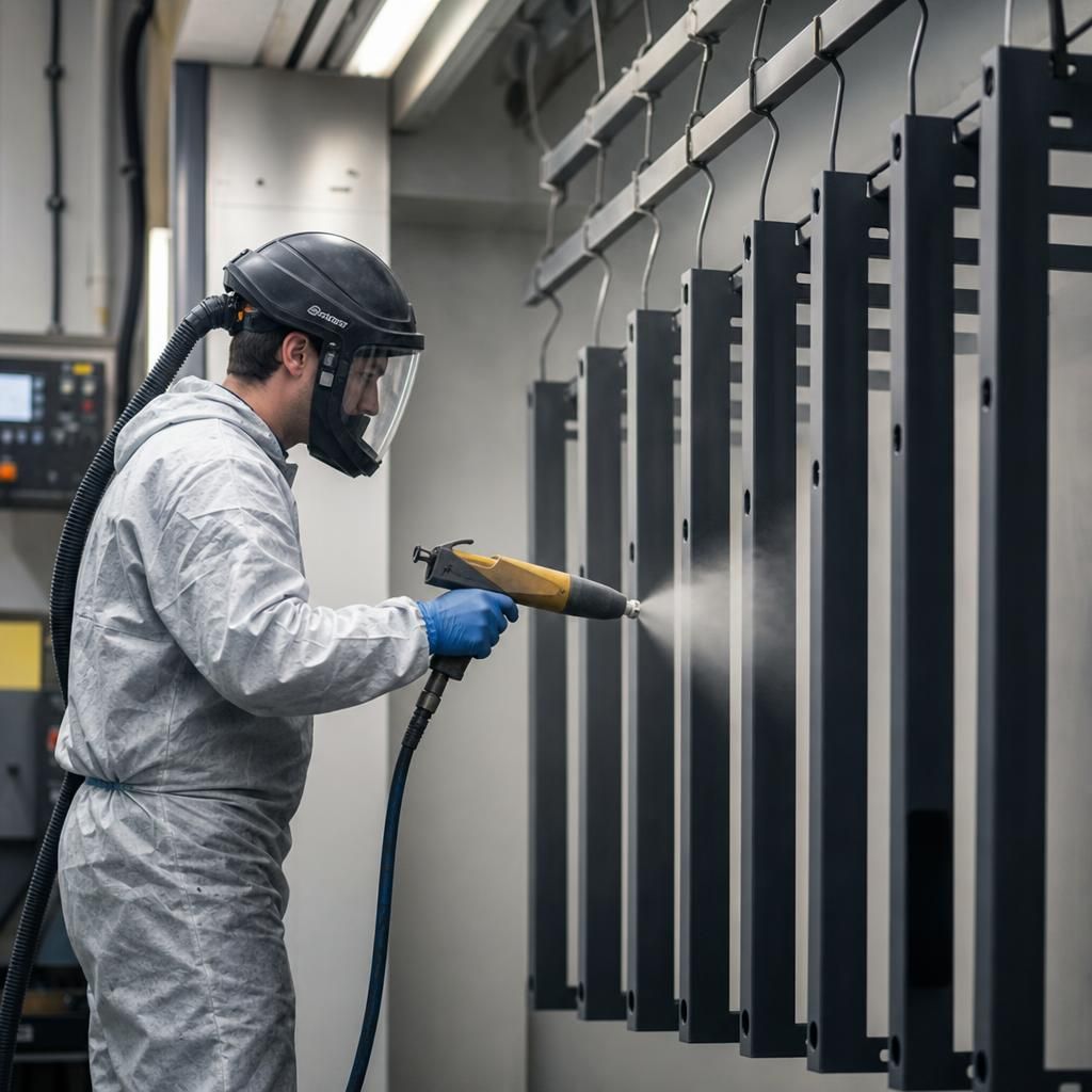 Expert technicians applying powder coating in an industrial setting