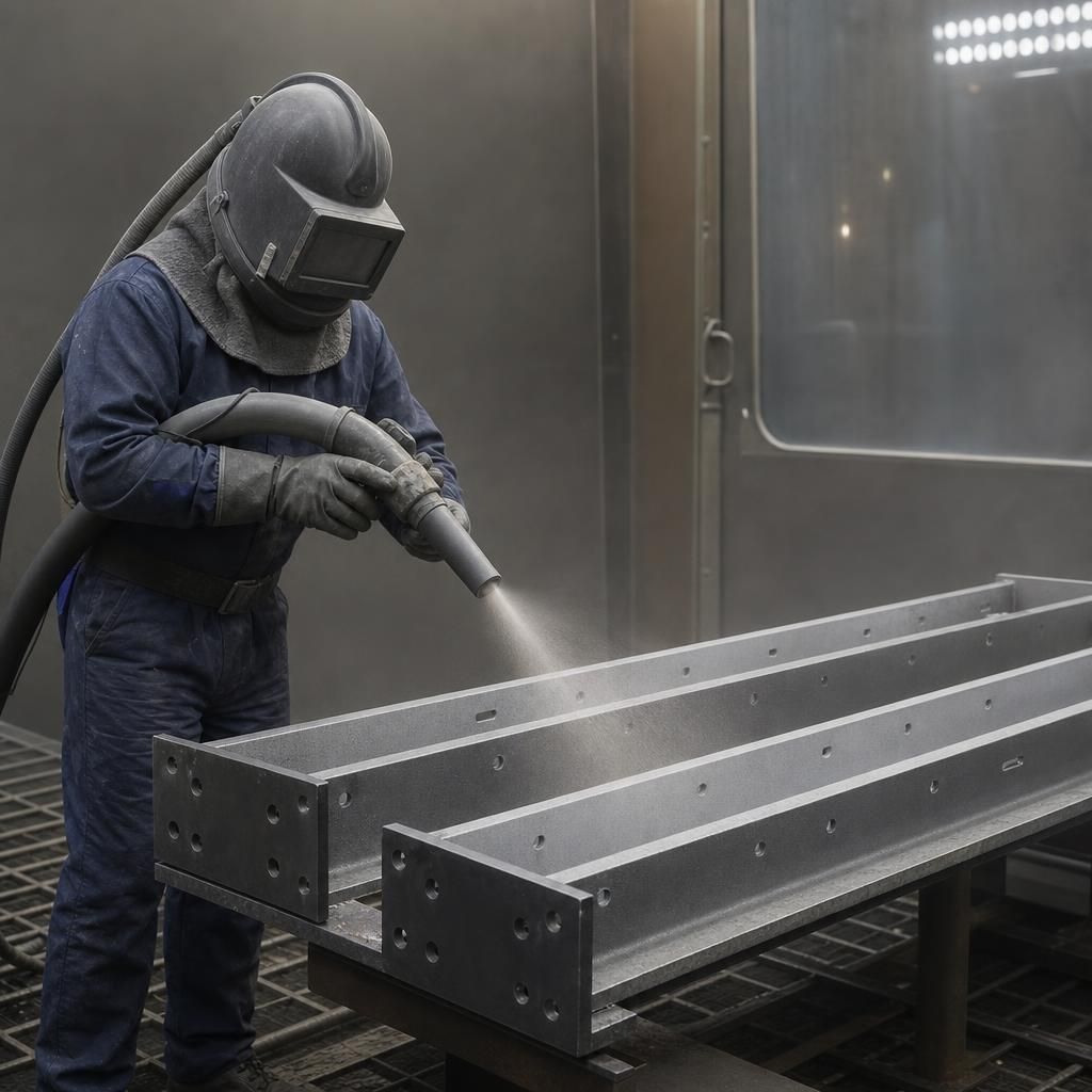 Abrasive blasting process in action on metal