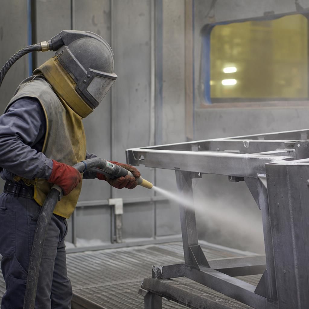 Close-up of aluminium oxide blasting metal surface