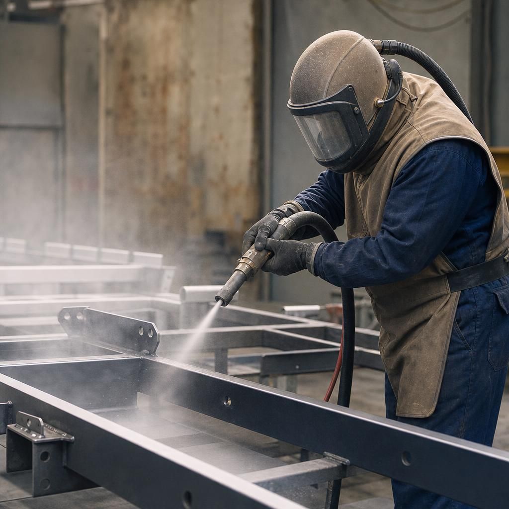 Steel grit blasting rust off metal