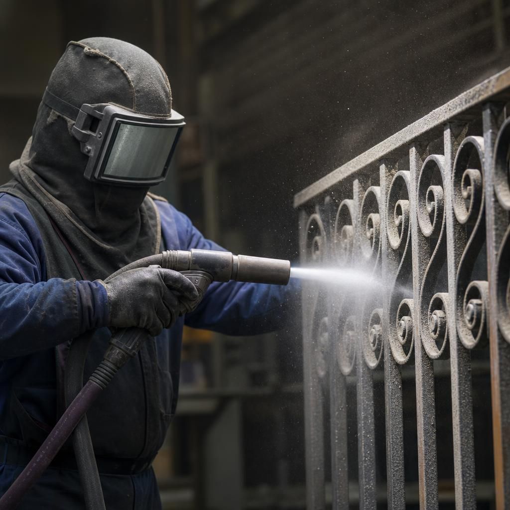 Skilled technician operating sandblasting equipment